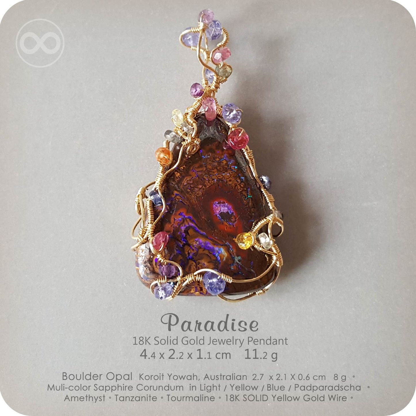 H88 PARADISE — Gem Boulder Opal 18K Solid Gold Pendant 寶石級澳寶礫背蛋白石 18K純金藝術墜飾 Planet Studio 星球工作室