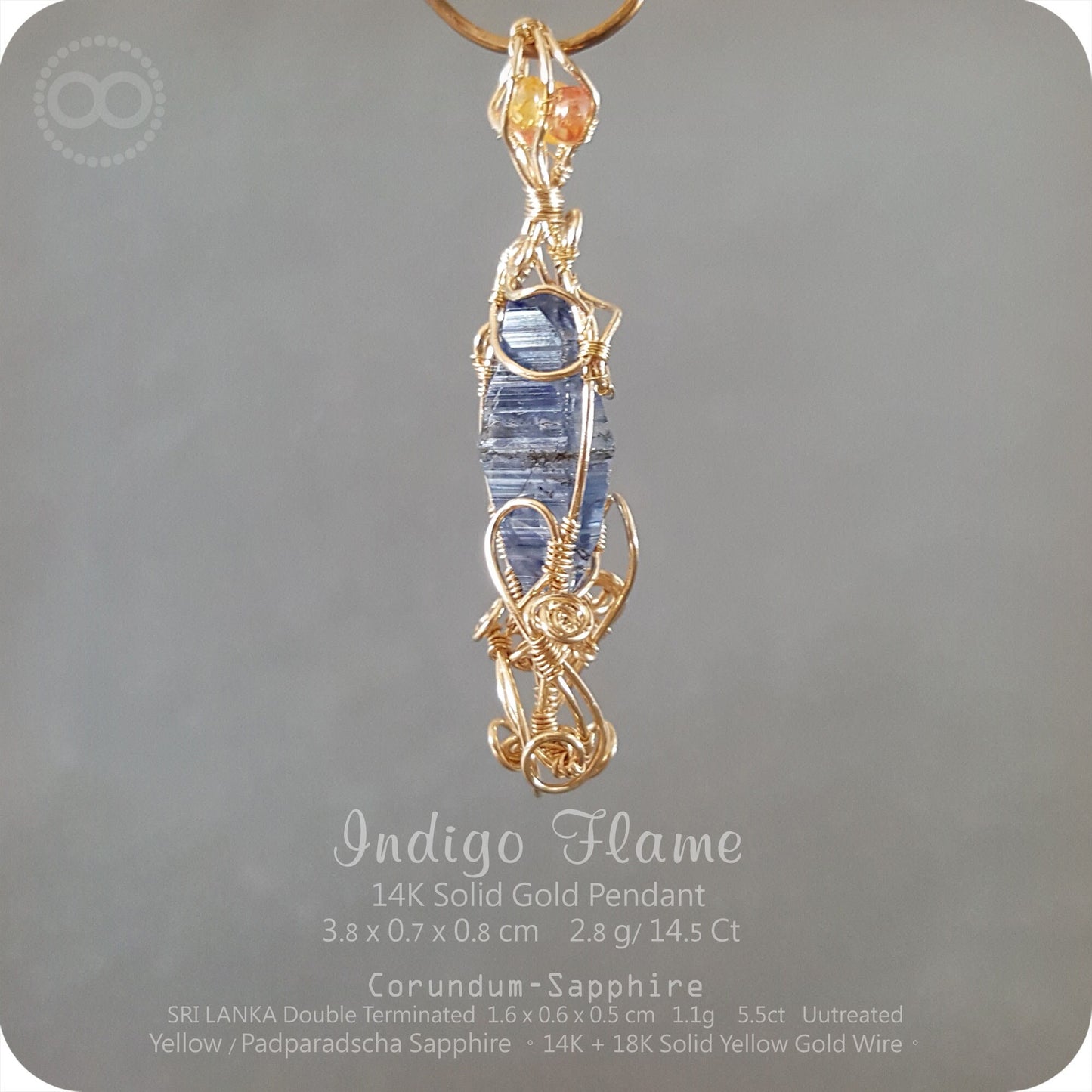 SriLanka Sapphire Corundum Gem Mineral 14K+18K Solid Gold Pendant- H58 - Indigo Flame