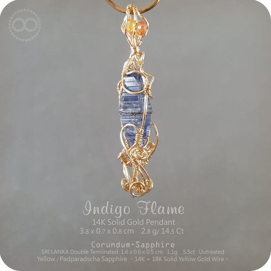 SriLanka Sapphire Corundum Gem Mineral 14K+18K Solid Gold Pendant- H58 - Indigo Flame