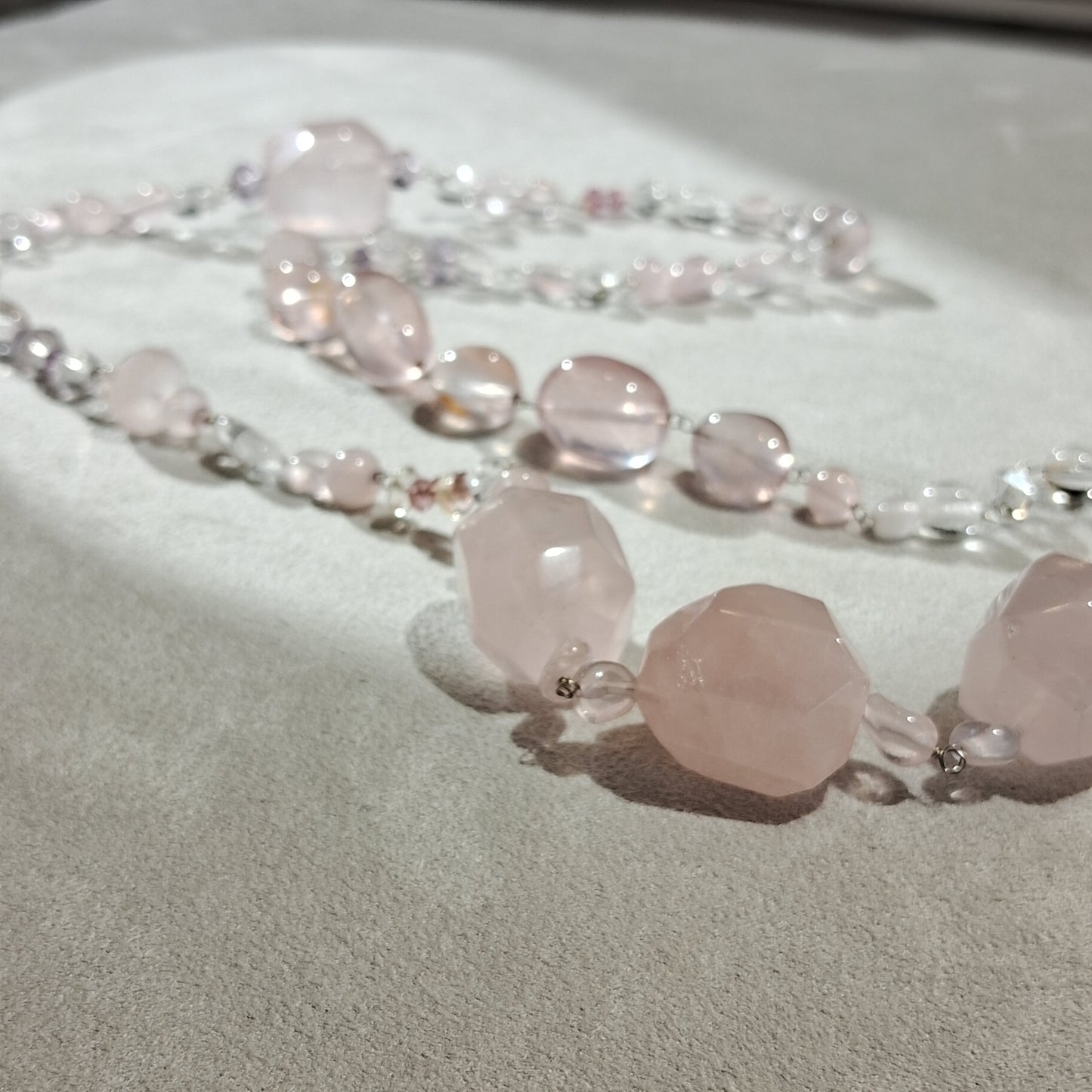 Rose Quartz 玫瑰粉晶14KW Long Chain Necklace14K白金長鏈 - H231