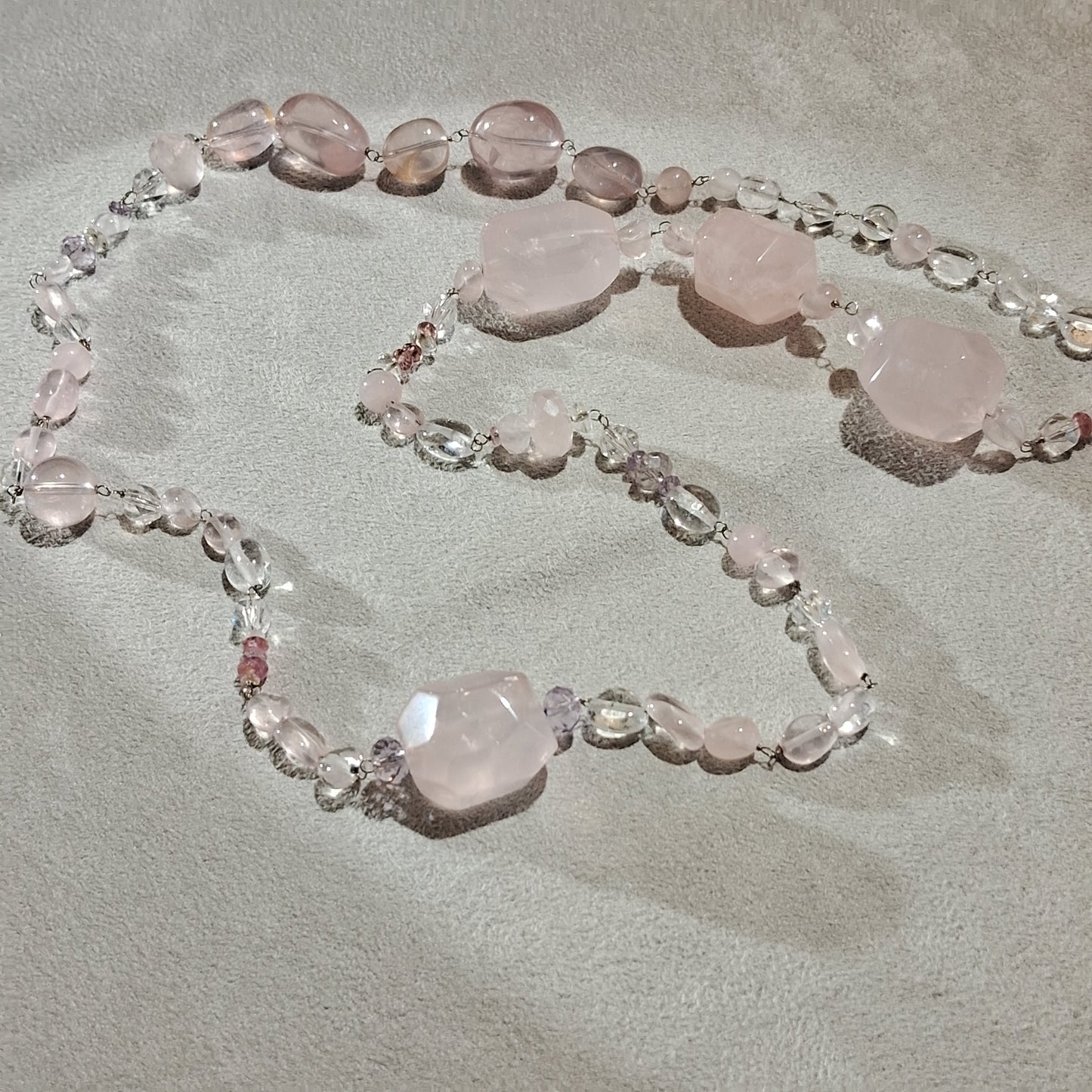 Rose Quartz 玫瑰粉晶14KW Long Chain Necklace14K白金長鏈 - H231