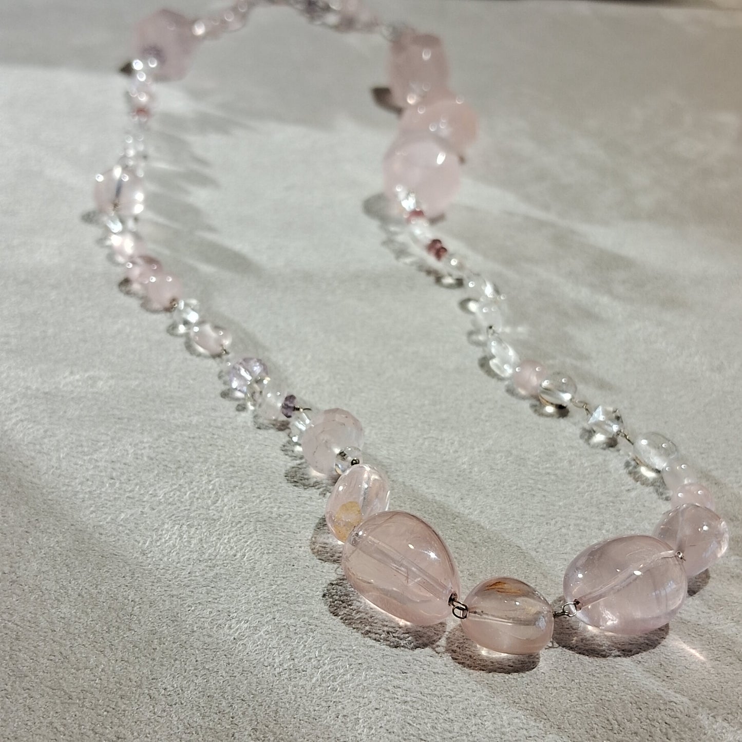 Rose Quartz 玫瑰粉晶14KW Long Chain Necklace14K白金長鏈 - H231