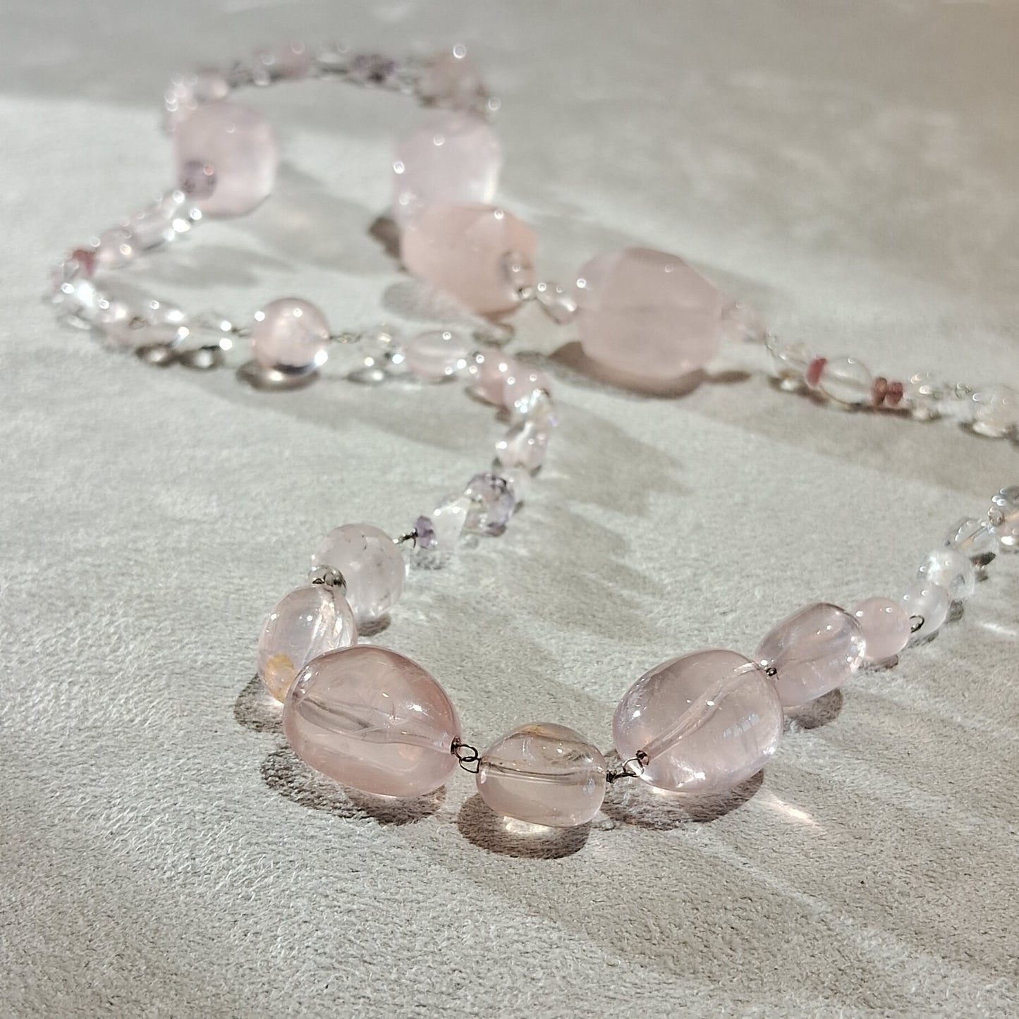 Rose Quartz 玫瑰粉晶14KW Long Chain Necklace14K白金長鏈 - H231