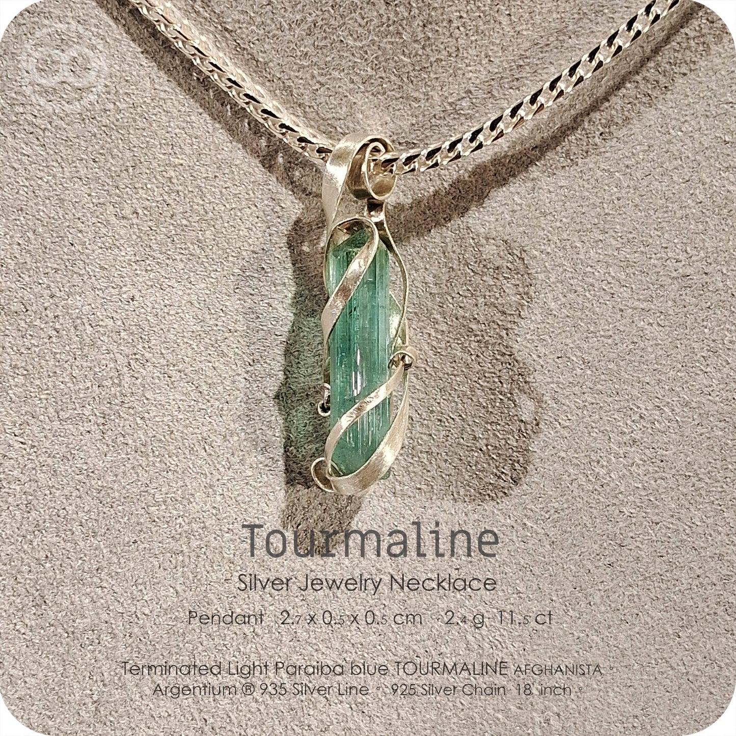 Aura Lights Tourmaline Terminated 水青極光電氣石 Argentium Pendant 寶石晶柱體｜鍺銀墜飾 - H232