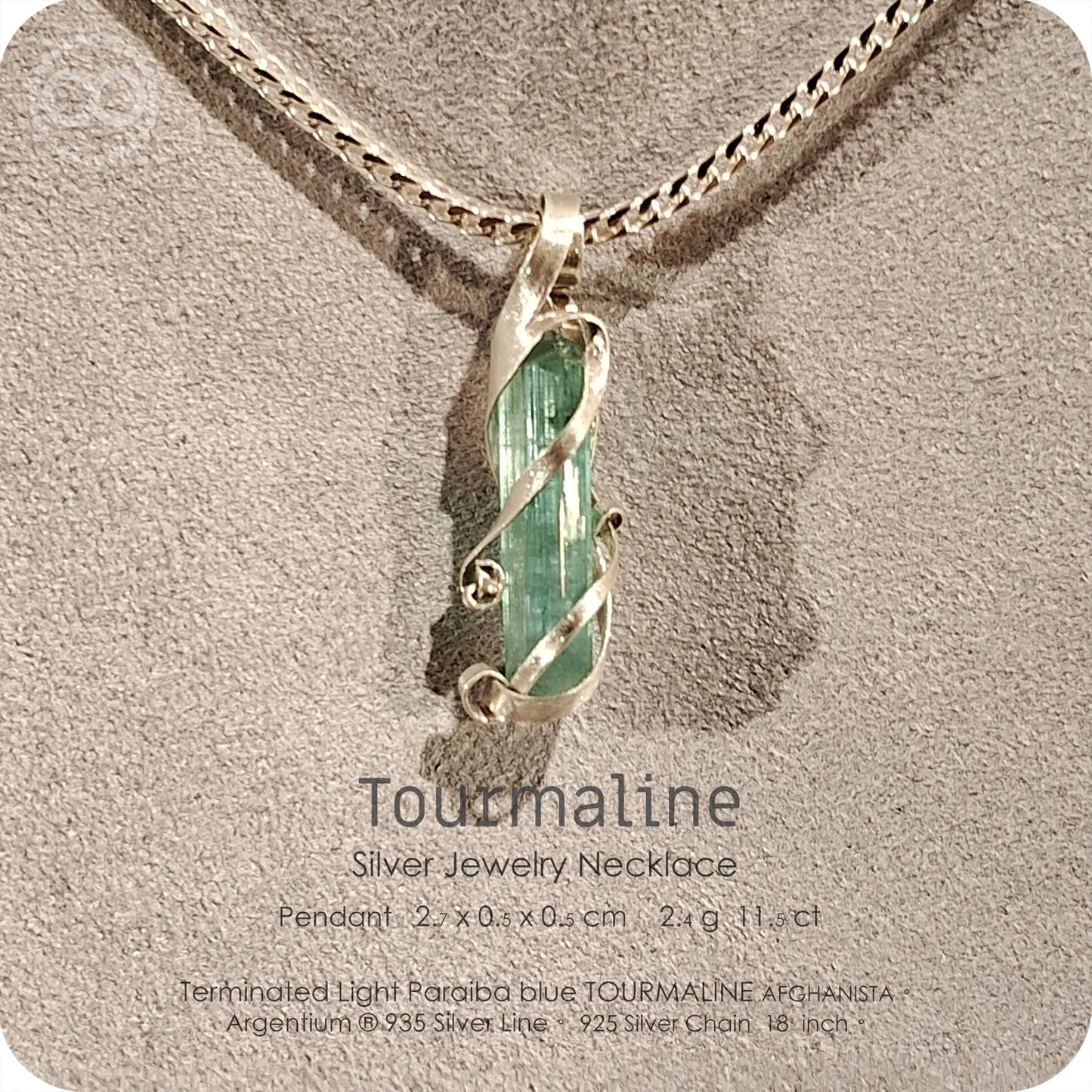 Aura Lights Tourmaline Terminated 水青極光電氣石 Argentium Pendant 寶石晶柱體｜鍺銀墜飾 - H232