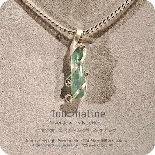 Aura Lights Tourmaline Terminated 水青極光電氣石 Argentium Pendant 寶石晶柱體|鍺銀墜飾 - H232