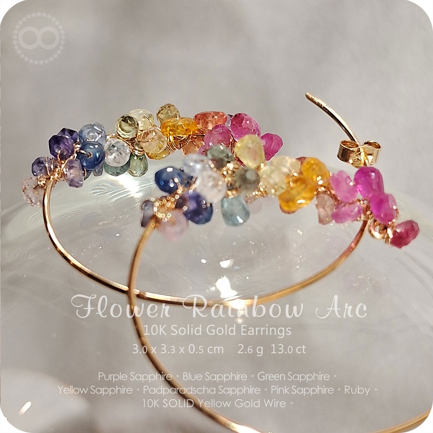 Sapphire Rainbow Arc 10K SOLID Gold Jewelry Earrings彩虹藍寶石剛玉10K金耳飾 Planet Studio星球精品H254