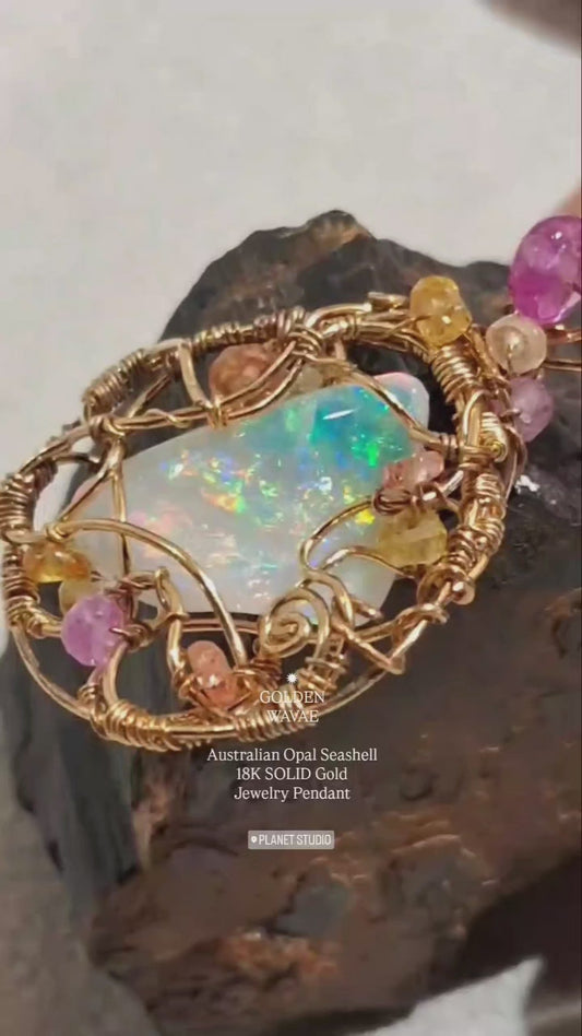 Australian Opal Seashell GOLDEN WAVE 18K SOLID Gold Jewelry Pendant - H118