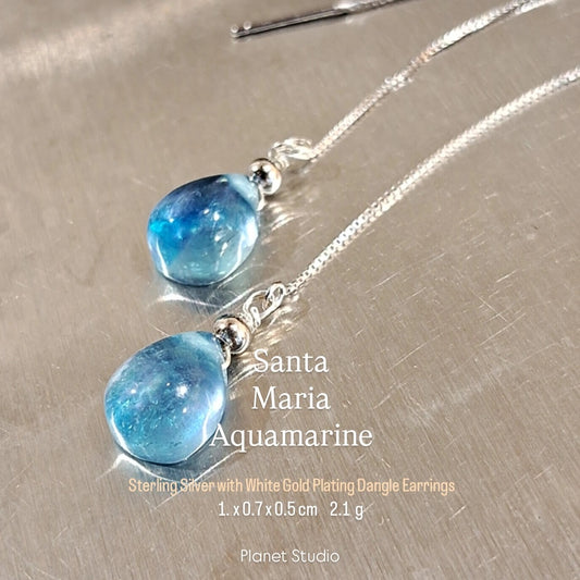Santa Maria Aquamarine 聖瑪麗亞 海水藍寶 純銀鍍白K金 耳針Dangle Earrings-HE258