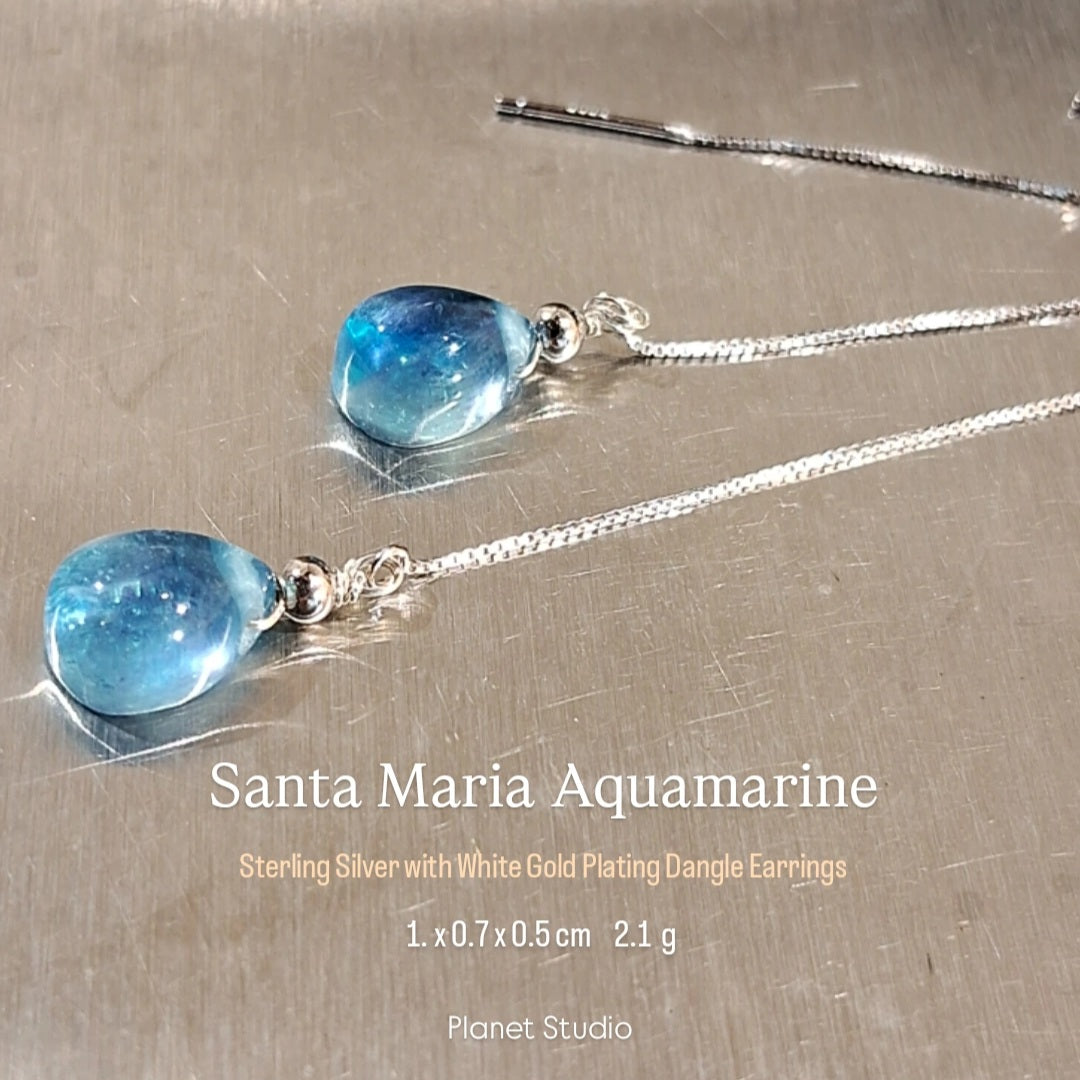 Santa Maria Aquamarine 聖瑪麗亞 海水藍寶 純銀鍍白K金 耳針Dangle Earrings-HE258