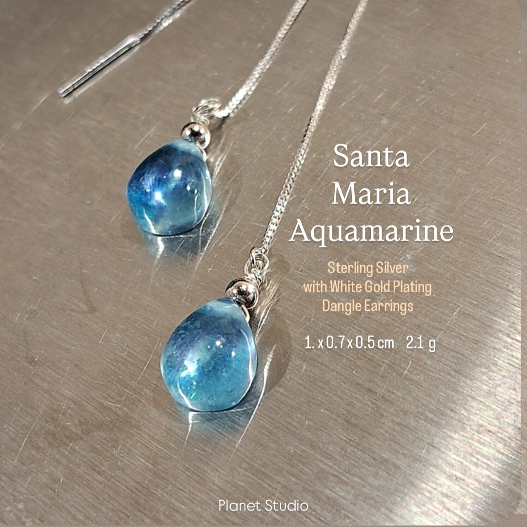 Santa Maria Aquamarine 聖瑪麗亞 海水藍寶 純銀鍍白K金 耳針Dangle Earrings-HE258