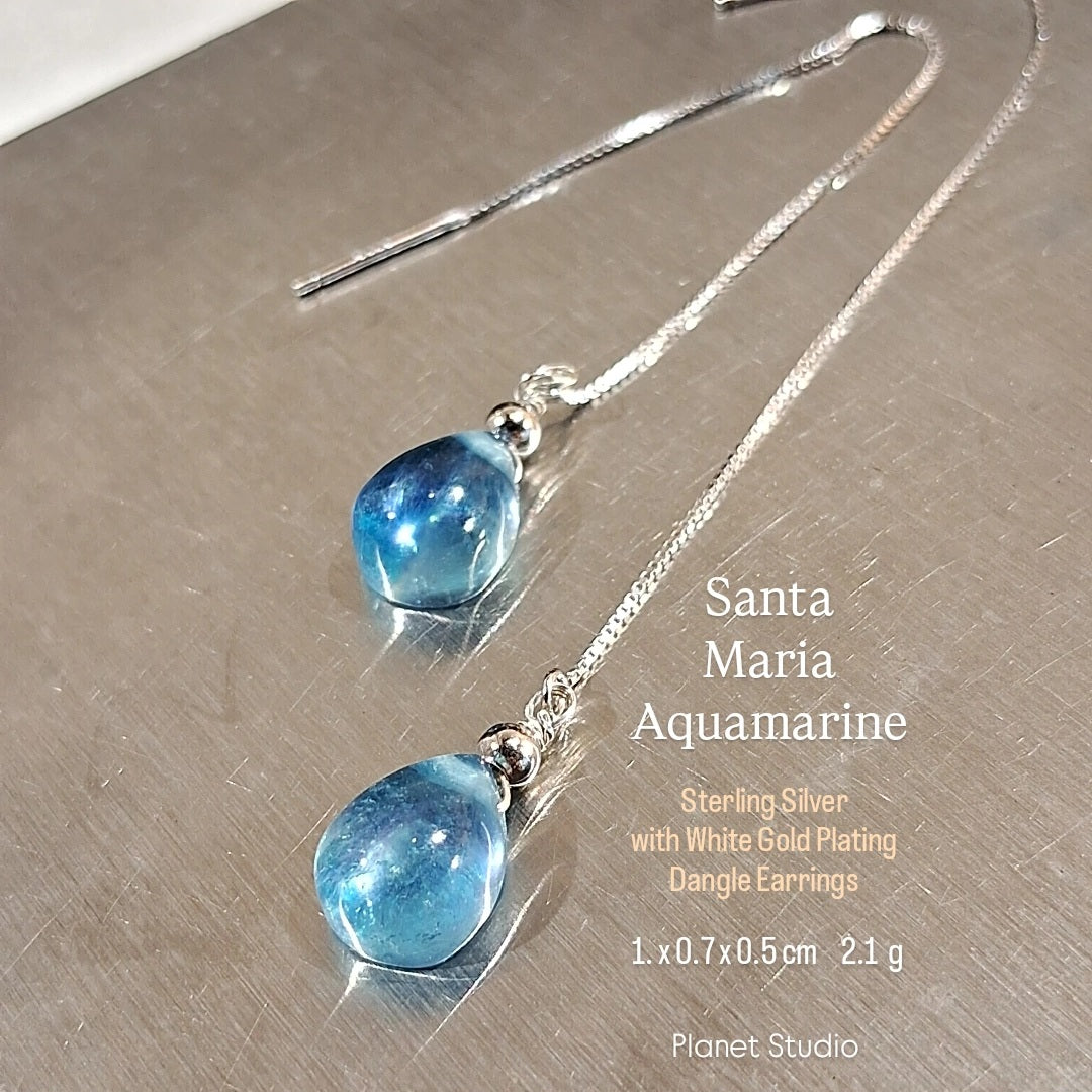 Santa Maria Aquamarine 聖瑪麗亞 海水藍寶 純銀鍍白K金 耳針Dangle Earrings-HE258