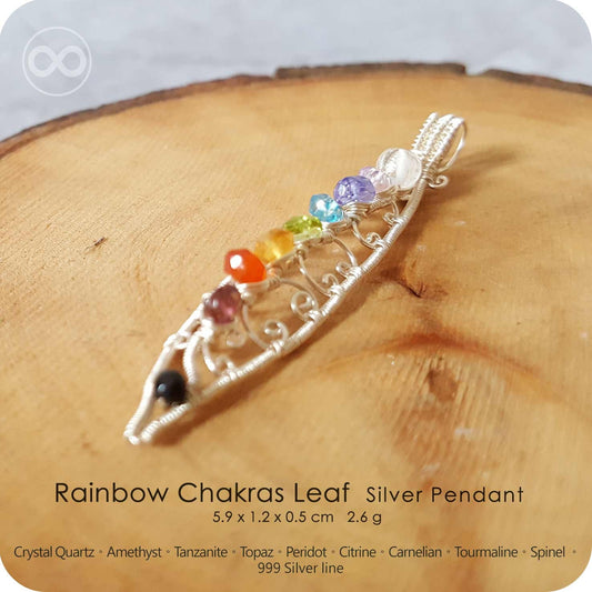 Rainbow Chakra Silver Pendant :  Leaf  - H28