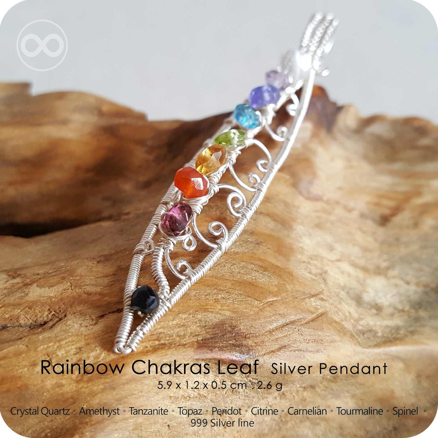 Rainbow Chakra Silver Pendant :  Leaf  - H28