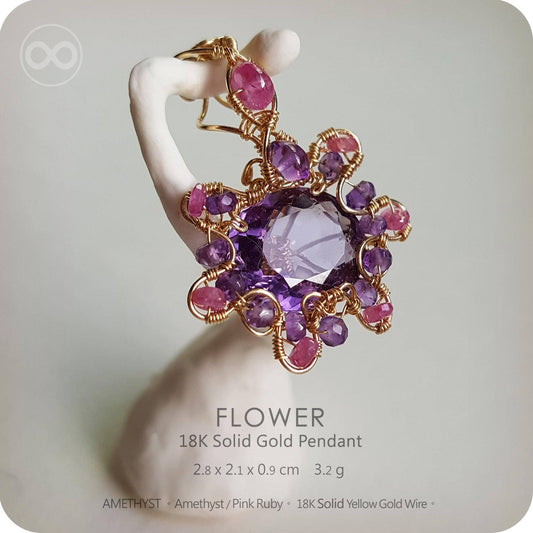 Amethyst+Ruby Gem Flower 18K SOLID GOLD Jewelry Pendant -H64