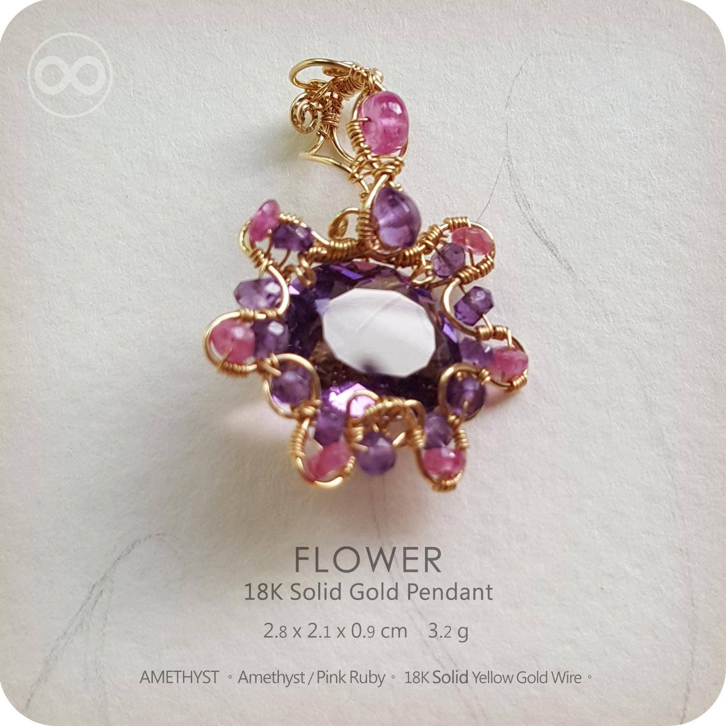 Amethyst+Ruby Gem Flower 18K SOLID GOLD Jewelry Pendant -H64