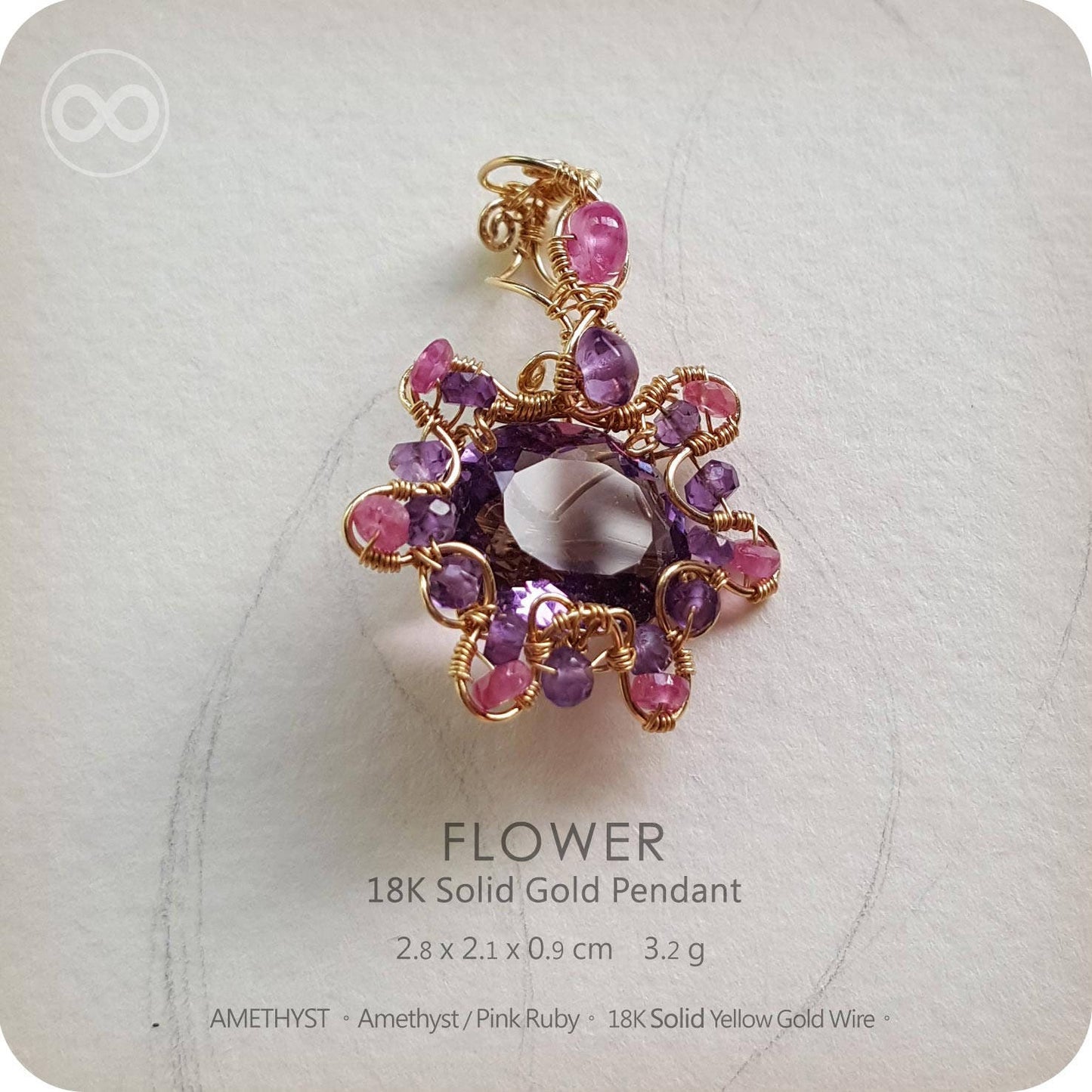 Amethyst+Ruby Gem Flower 18K SOLID GOLD Jewelry Pendant -H64