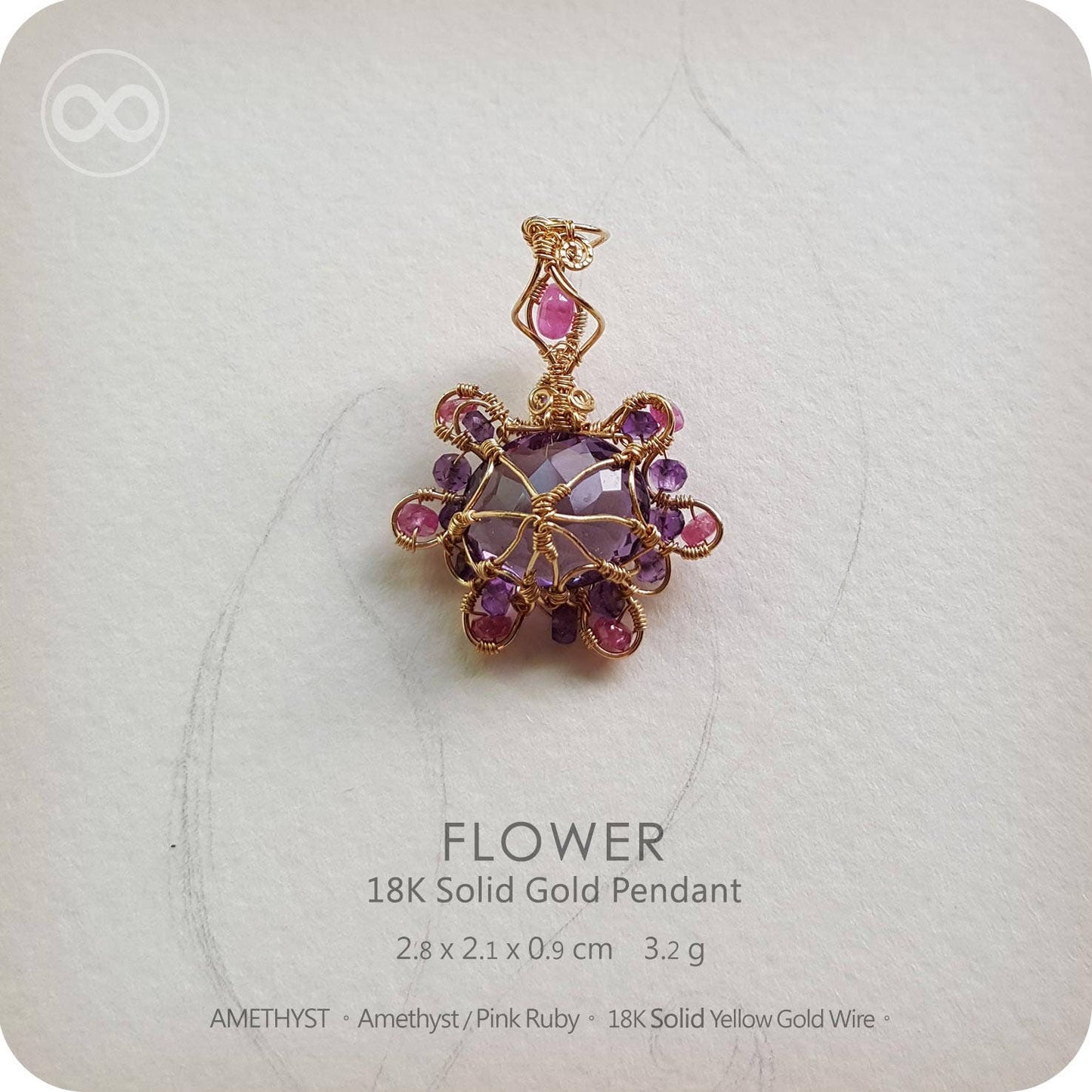 Amethyst+Ruby Gem Flower 18K SOLID GOLD Jewelry Pendant -H64