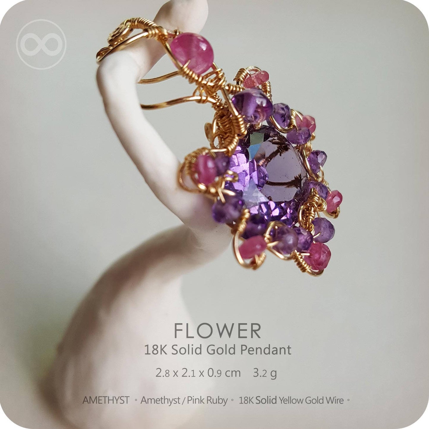 Amethyst+Ruby Gem Flower 18K SOLID GOLD Jewelry Pendant -H64