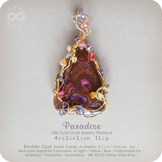 H88 PARADISE — Gem Boulder Opal 18K Solid Gold Pendant 寶石級澳寶礫背蛋白石 18K純金藝術墜飾 Planet Studio 星球工作室