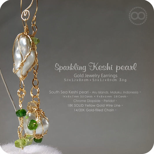 Sparkling Keshi Pearl 18 K Solid Gold Earrings - H 119