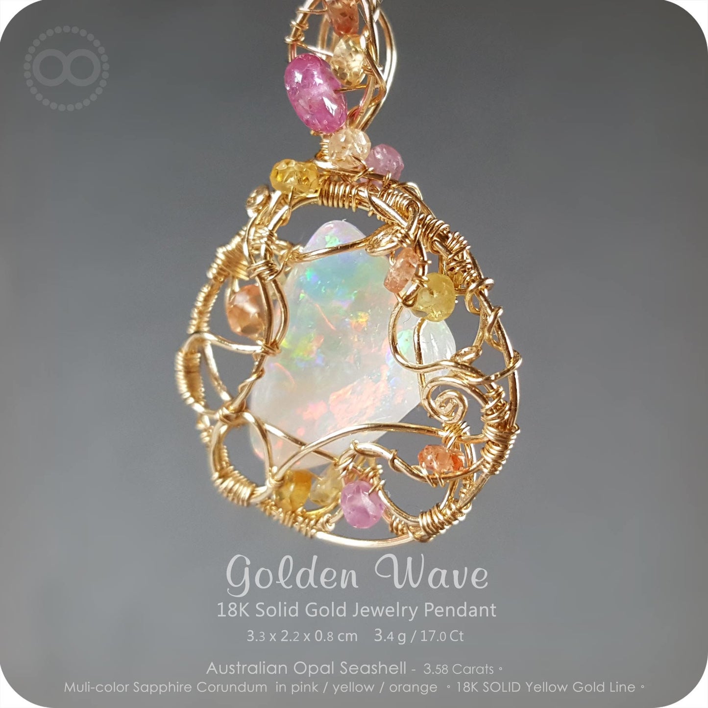 Australian Opal Seashell GOLDEN WAVE 18K SOLID Gold Jewelry Pendant - H118