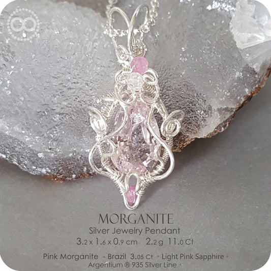 Pink Morganite + Sapphire Silver Jewelry Necklace - H135