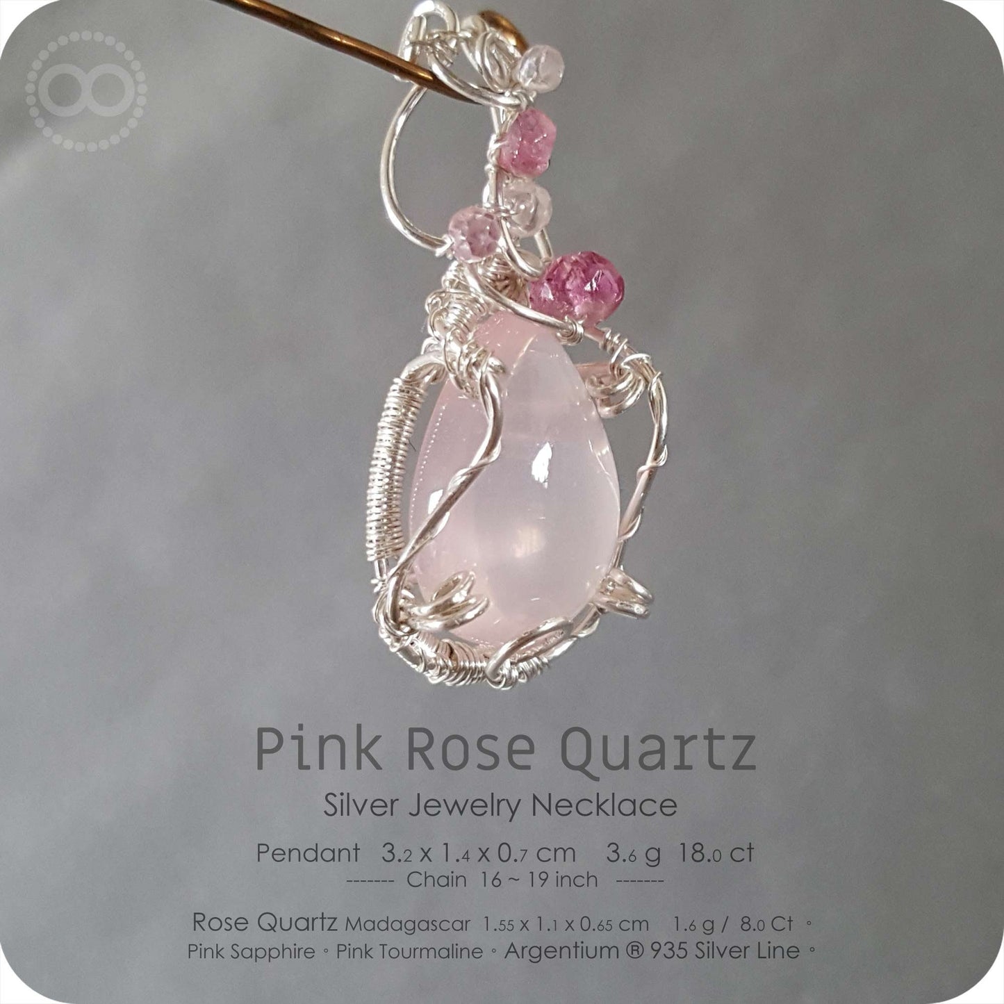 Pink Rose Quartz Silver Jewelry Necklace - H141