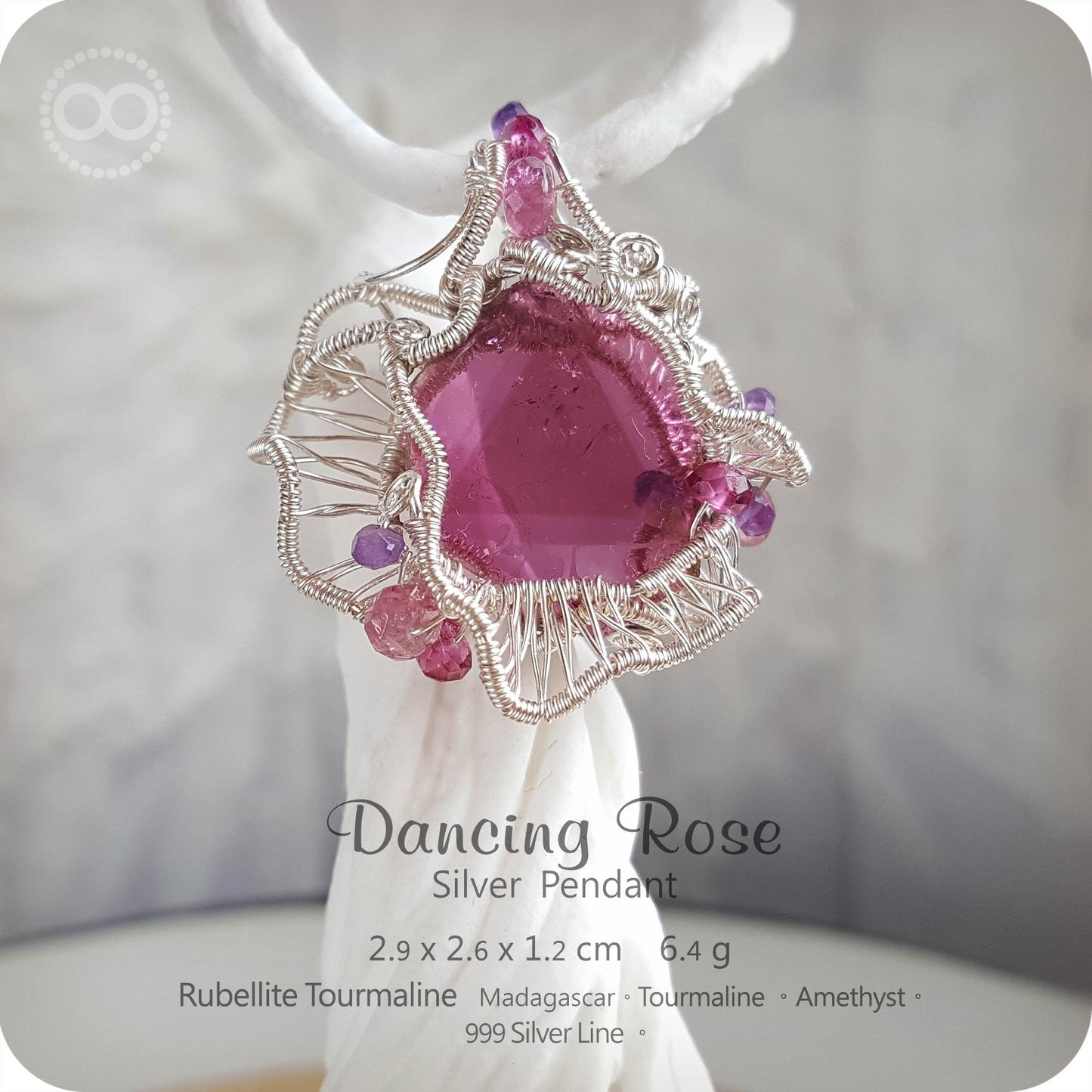 ✡ Rubellite Dancing Rose ✡ Silver Jewelry Pendant - H49