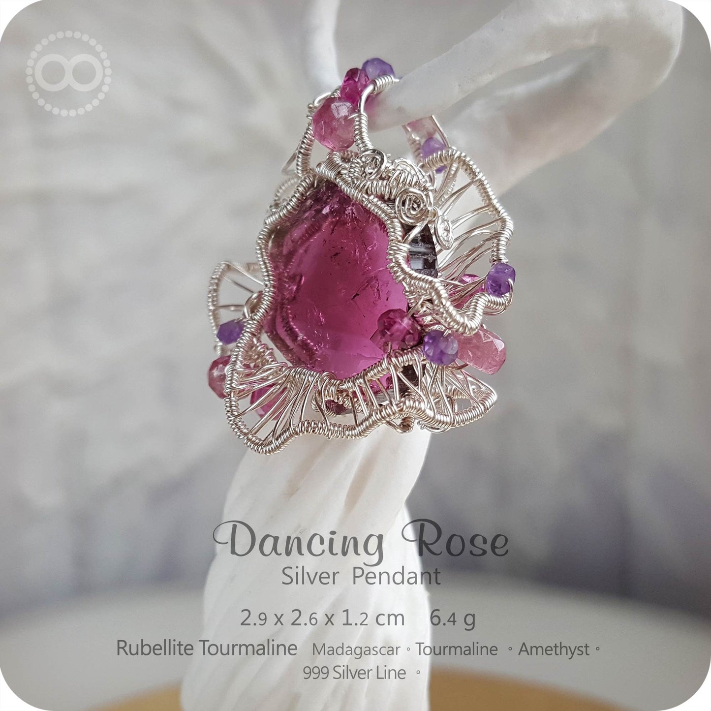 ✡ Rubellite Dancing Rose ✡ Silver Jewelry Pendant - H49