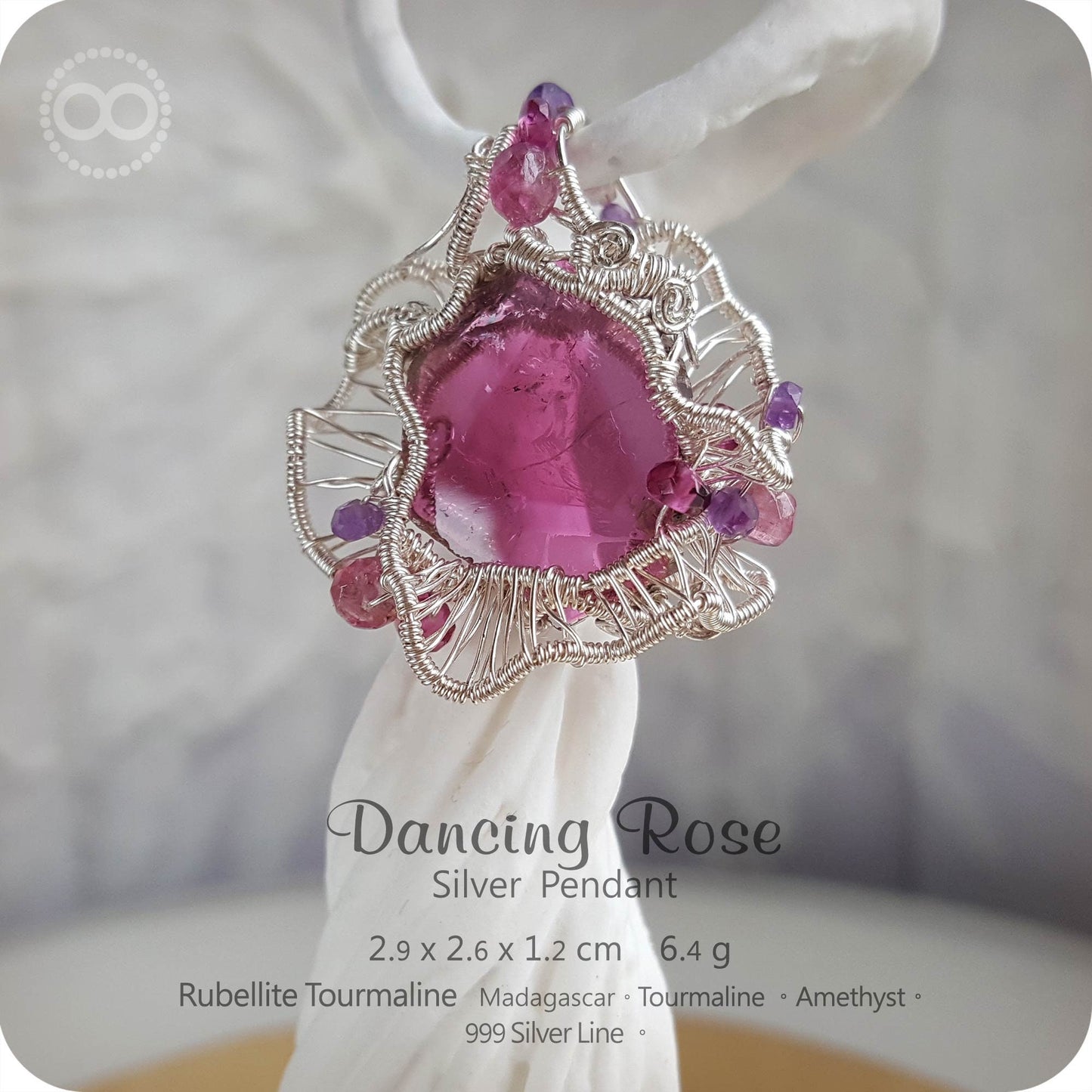 ✡ Rubellite Dancing Rose ✡ Silver Jewelry Pendant - H49