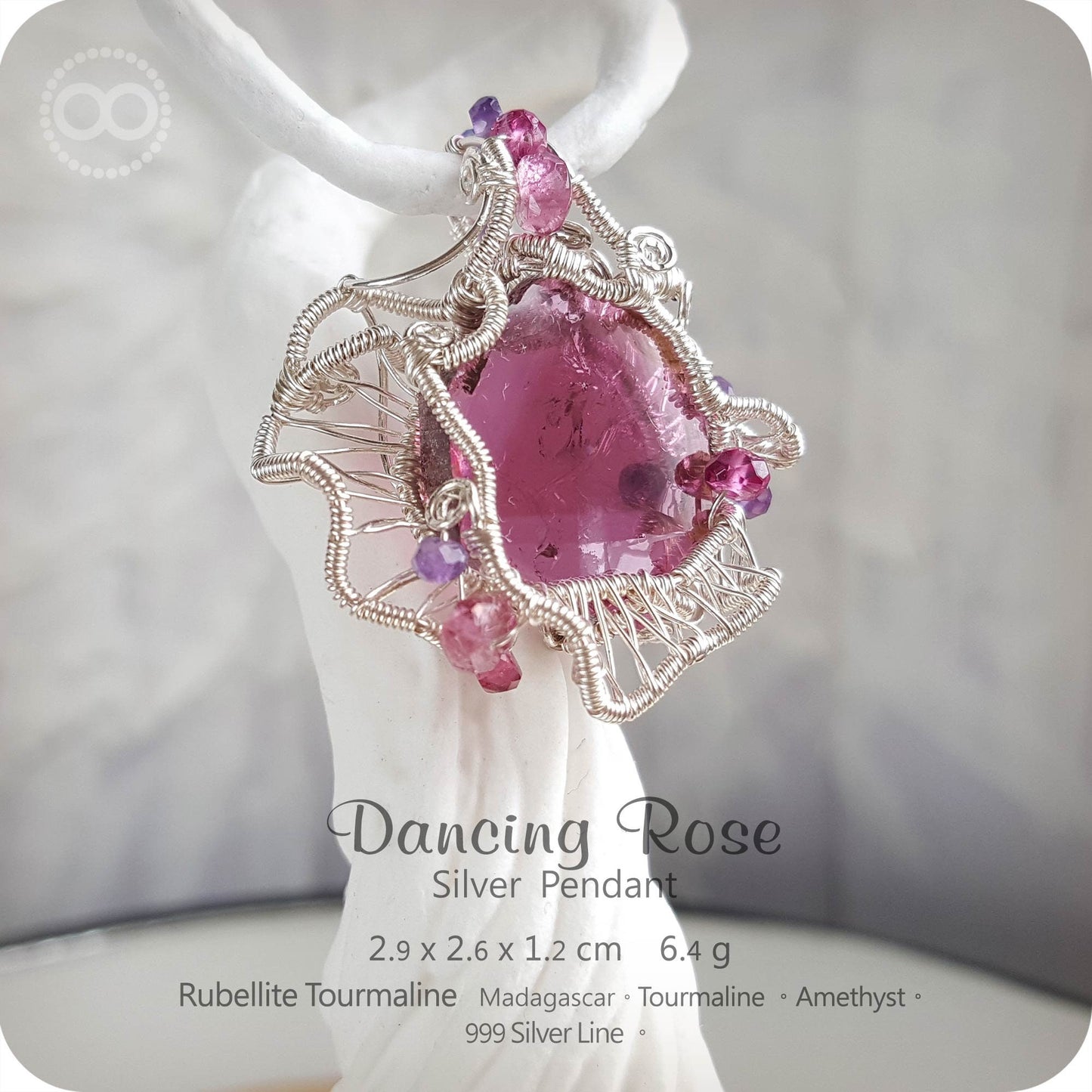 ✡ Rubellite Dancing Rose ✡ Silver Jewelry Pendant - H49