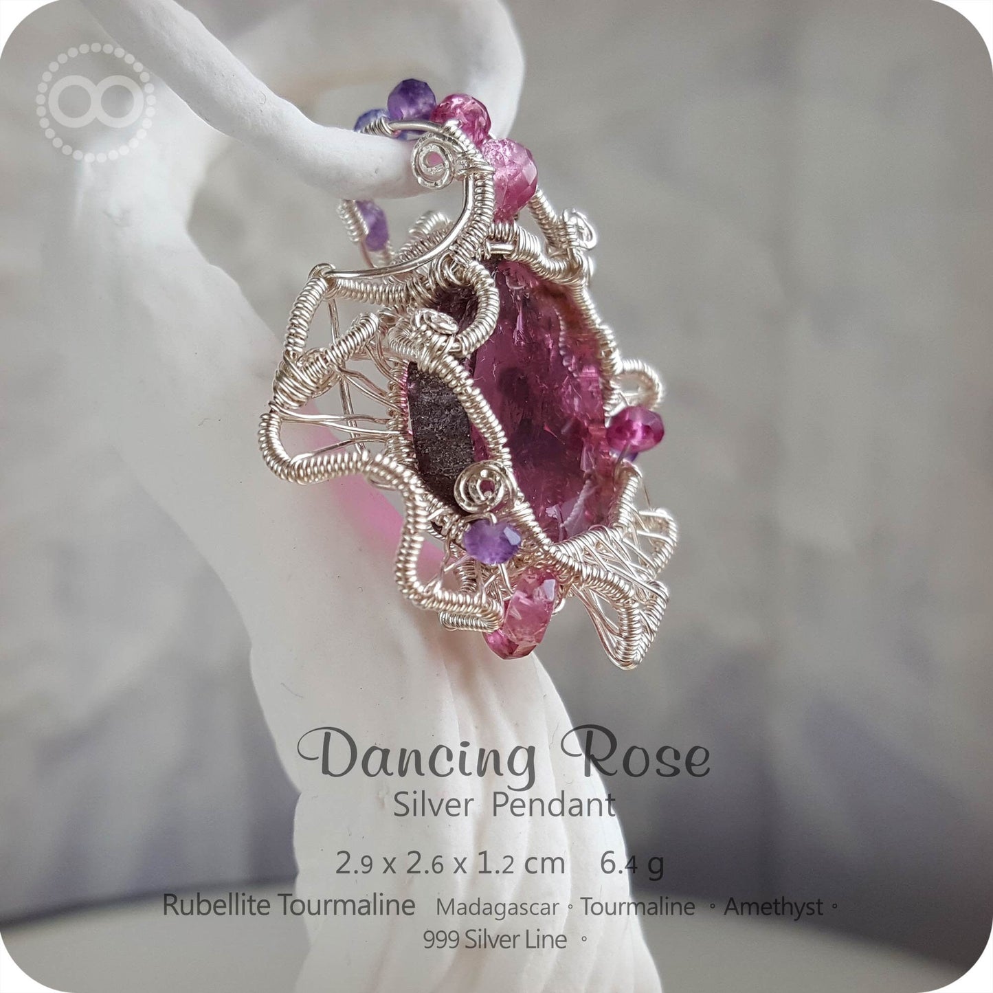 ✡ Rubellite Dancing Rose ✡ Silver Jewelry Pendant - H49